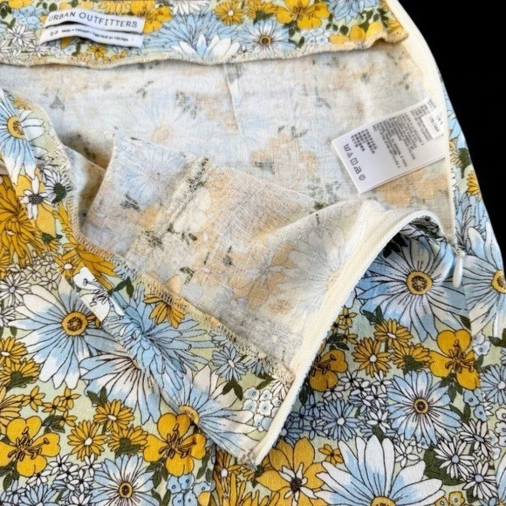 Cottagecore Linen blend Floral Mini Skirt yellow Sz Small Petite soft girl indie